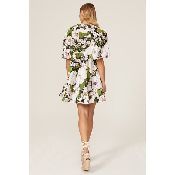 Maje Rafleur Floral Dress Ivory Green V-Neck Tiered Puff Sleeve Sz 42 EU / 10 US - Picture 3 of 16